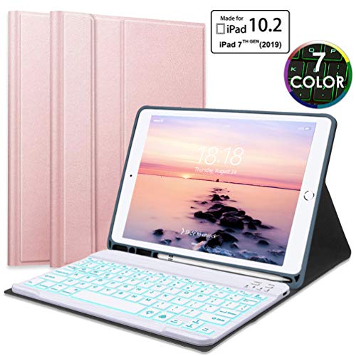 Upworld iPad 7th Generation Case with Backlit Keyboard and Pencil Holder, Smart Stand PU Cover with Detachable Magnetically Wireless Keyboard for iPad 10.2" 2019(A2197/A2198/A2200), Rose Gold