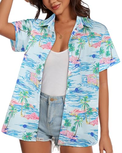 Image of Women Hawaiian Shirt Button Down Summer Tops Beach Short Sleeve Blouse