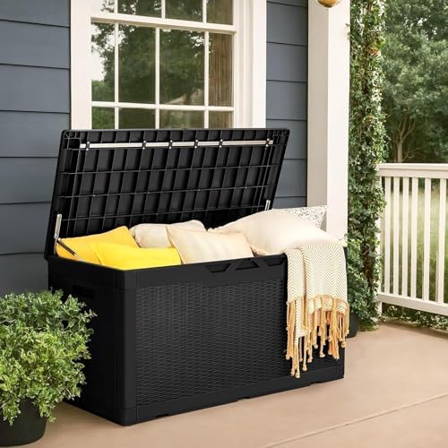 GUNJI 100 Gallon Deck Box with Cushion, Outdoor Resin Large Storage Box Lockable Waterproof & UV Resistant Storage Bench for Patio Furniture, Garden Tools, Pool Supplies (Black) — view 5
