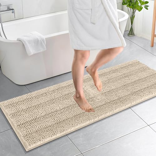 Image of OLANLY Thick Bathroom Runner Rugs 59x20, Absorbent Chenille Striped Bath Rugs, Rubber Backing, Machine Wash Dry, Extra Long Bath Mats for Bathroom Floor, Tub and Shower, Home Decor Accessories, Sand