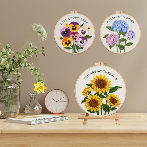 Image of Nuberlic 3 Pack Embroidery Kit for Beginners, Floral Cross Stitch Kit | Beginner Friendly Complete Embroidery Kit With Pre Printed Fabric And Premium Threads