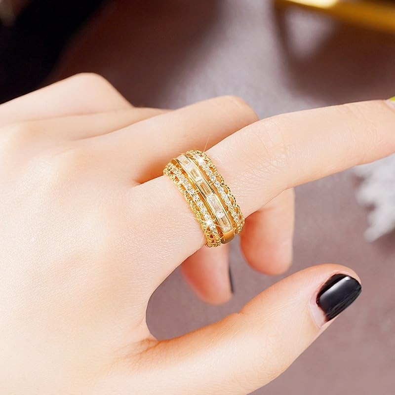 ENDLESSNESS & ETERNITY 14K Gold Plated 3 Row Half Eternity Band Ring for Women Rectangle Cut CZ Cubic Zirconia Wedding Band Statment band ring comfort fit - Image 7