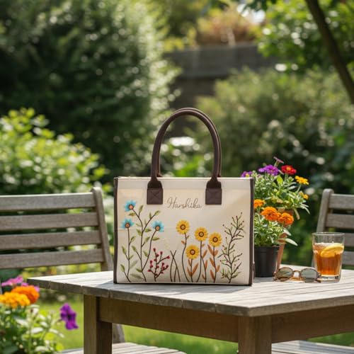 Image of Customized Hand Bag for Woman | Shoulder Bag for Ladies | Embroidered Canvas Personalized Handbag with Custom Name for College Girls for Office, Daily Use, Beach, Shopping