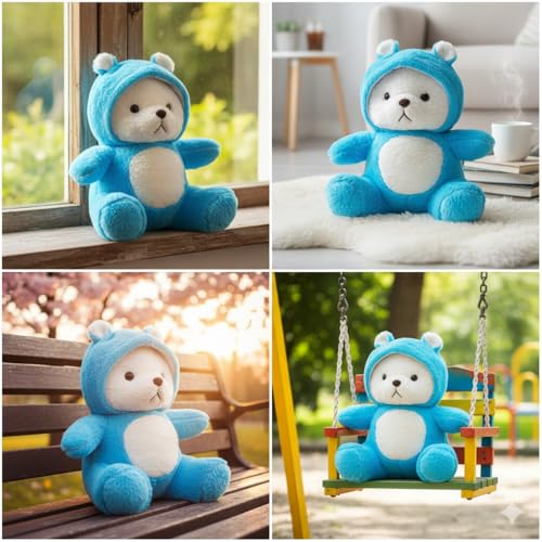 Image of Storescent Hooded Teddy Bear Plush Toy | Soft & Cute Stuffed Animal Toy for Hugging for Kids & Loved Ones - Blue 45cm