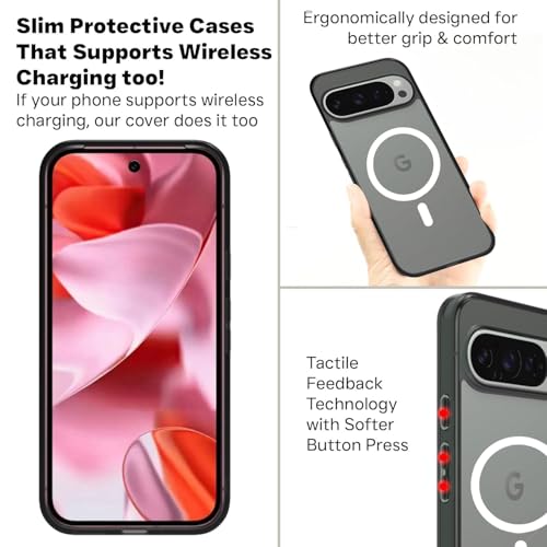 Image of RIGGEAR Shockproof Clear Hybrid Armor Back Cover Case Compatible with MagSafe Accessories for Google Pixel 9 / Pixel 9 Pro (Transparent PC + Clear Black Bumper)(White MagRing)