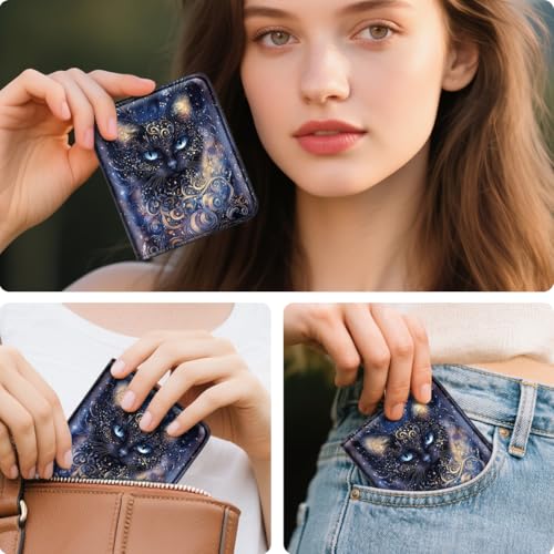 Image of Small Womens Cat Wallet Thin Credit Card Holder Pocket Mini Purse | Compact Slim Women RFID Blocking Bifold Black Cat Leather Wallets Ladies Pocket Card Holders for Travel & Daily Use