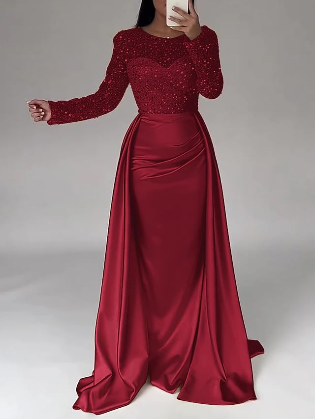 Long Sleeve Satin Prom Dresses for Women 2025 Mermaid Sequin Mock Neck Formal Evening Party Gown with Slit3