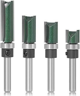 Mesee 4 Pieces Flush Trim Router Bit Set, 1/4 Inch Shank Industrial Grade Straight Pattern Template Router Bits with Bearing Guide Woodworking Milling Cutter Tool, 1/2" 3/4" 1" 1-1/2"