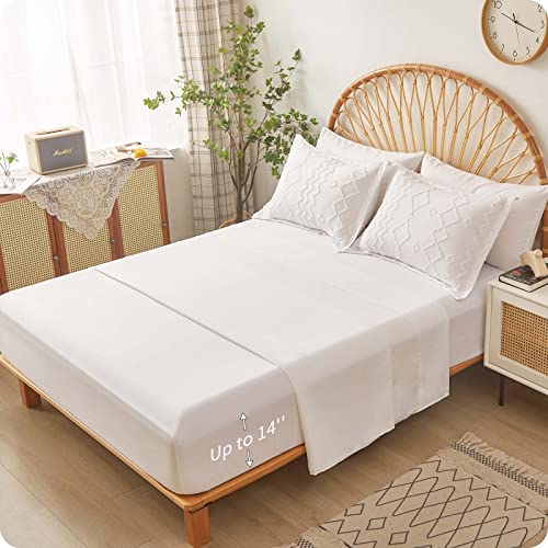 Flymme White Tufted Bed In A Bag Twin Size Comforter Set With Sheets, Soft Lightweight Geometric Embroidery Bedding Set 7 Piece, Boho Shabby Chic Farmhouse Collection All Season (White, 68''X86'') #TOP4