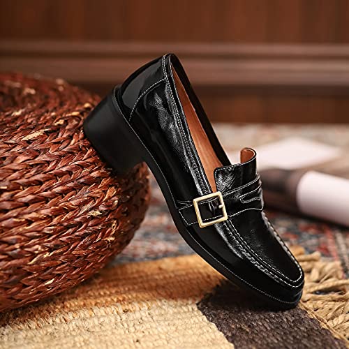 Image of MOOMMO Women Chunky Heel Penny Loafers Square Toe Buckle Slip On Comfort | Office Ladies Loafer Pumps 2 inch Stacked Block Heel Dress Loafers Oxfords Walking Dress Shoes Casual Size 4-11 M US