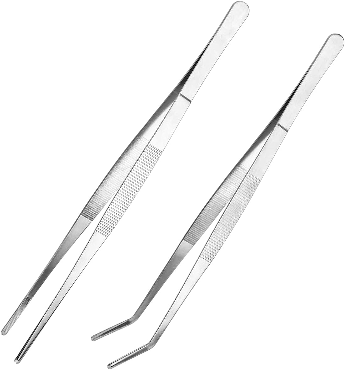 Kitchen Long Tweezers Set, LEEFONE 2 PCS 12 Inch Stainless Steel Food Tweezers with Precision Serrated Tips for Cooking & Baking (Straight + Curved)