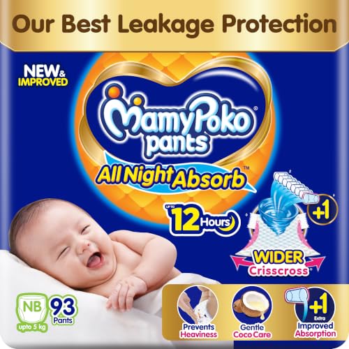 Image of New Mamypoko Pants Premium All Night Absorb| Pant Style Baby Diapers New Born Size(XS), 93 Count, Ideal for up to 5Kgs|1 Diaper= Upto All Night Absorption now with increased power of +1glass|Wider Crisscross Sheet|Gentle Coco Care| 12hr Leakage Protection|Prevents Heaviness.