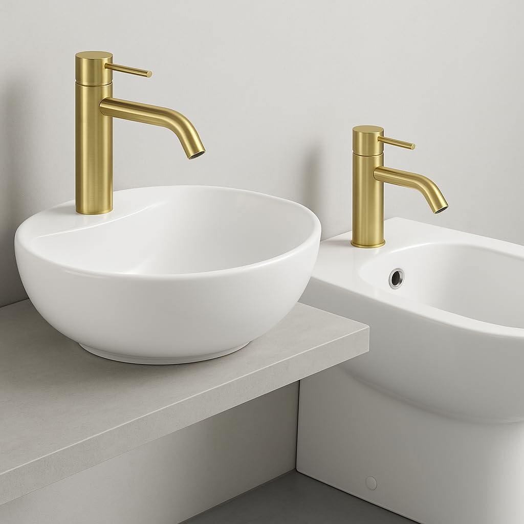 BASIK Set Miscelatori Bagno Oro Spazzolato – Rubinetto Lavabo + Miscelatore Bidet in Ottone, Design Moderno