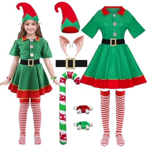 Solorass Costume Deguisement Lutin Enfant Costume d'Elfe de Noël Femme Homme avec Robe Pantalon Ceinture Chapeau Oreilles d'elfe Clochette pour Fête (Fille, 140)