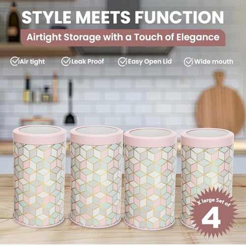 Image of Maroc Collection Airtight Kitchen Container Set| 1400ML- Set of 4| Food Grade Metal Storage Jars for Rice, Besan, Flour & Grains| Leakproof, Moist-Proof X-Large Canisters| Moroccan Pink Pastel