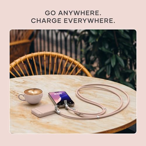 Image of Satechi OntheGo USB-C Lanyard Cable, 60W Fast Charging, 480Mbps Data Transfer, Built-in Crossbody Strap, Adjustable 1.5m / 4.9ft Braided Cord, USB-C to USB-C Cable for iPhone, Android - Desert Rose