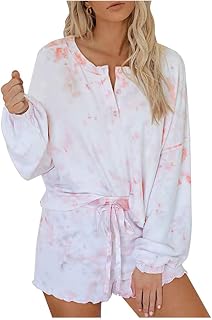 NHNKB Women's Outfit, Summer Elegant Pyjama Set, Women's Short Cotton Women's Outfit Set, Everyday Women's Tie-Dye Printed Shorts, Long Sleeve Shirts, 2-Piece Pyjama Set, Sleepwear, Short Trousers