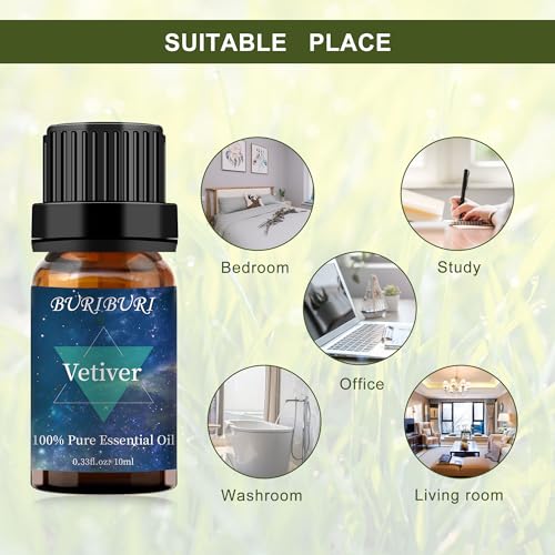 Image of BURIBURI Vetiver Essential Oil Organic for Diffuser, Skin, Candle Soap Perfume Making - 100% Pure, Undiluted, Natural, Aromatherapy Vetiver Oils 10ML