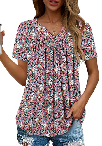 KISSMODA Tops for Womens Summer Cute Short Sleeve Shirts Trendy Notched Neck Blouses Casual Loose Pleated Tunics S-3Xl