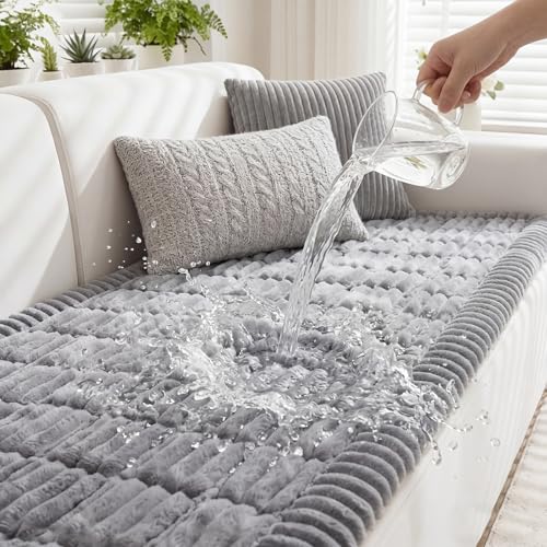 Fixwal Waterproof Dog Couch Cover, Washable Non-Slip Pet Couch Covers for Sofa, Leak-Proof Sofa Protector for Dogs, Pet Friendly Thick Soft Fuzzy Furniture Cover (Grey, 27.6' x 59.1')