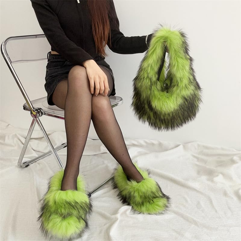 Image of Faux Fur Hobo Shoulder Bag for Women - Large Cute Fluffy Tote Plush Handbag Y2K Furry Purse