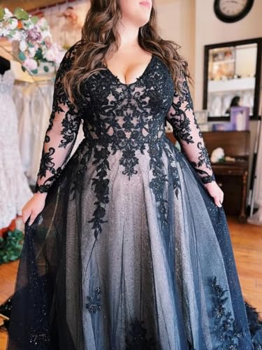 Mauuwy Long Sleeve Wedding Dresses for Bride Plus Size Wedding Gowns for Women Lace Black Bridal Gown with Sweep Train4