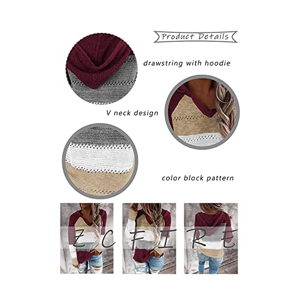 Zcfire-Womens-Lightweight-Color-Block-Knit-Hoodies-Sweaters-Loose-Long-Sleeve-V-Neck-Drawstring-Pullover-Sweatshirts Zcfire Christmas Sweater, Women's Lightweight Color Block Knit Loose Long Sleeve Drawstring Pullover Sweatshirts Wine Red Small