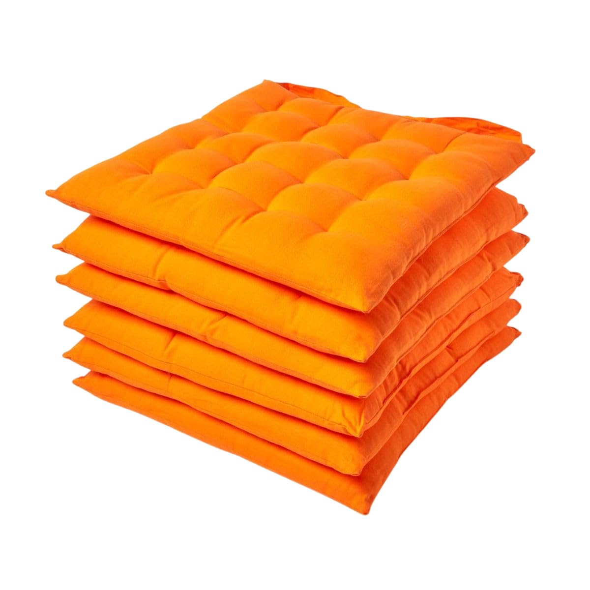HOMESCAPES Orange Seat Pads for Dining Chair, Set of 6 100% Cotton Chair Pads with Straps, 40x40 cm