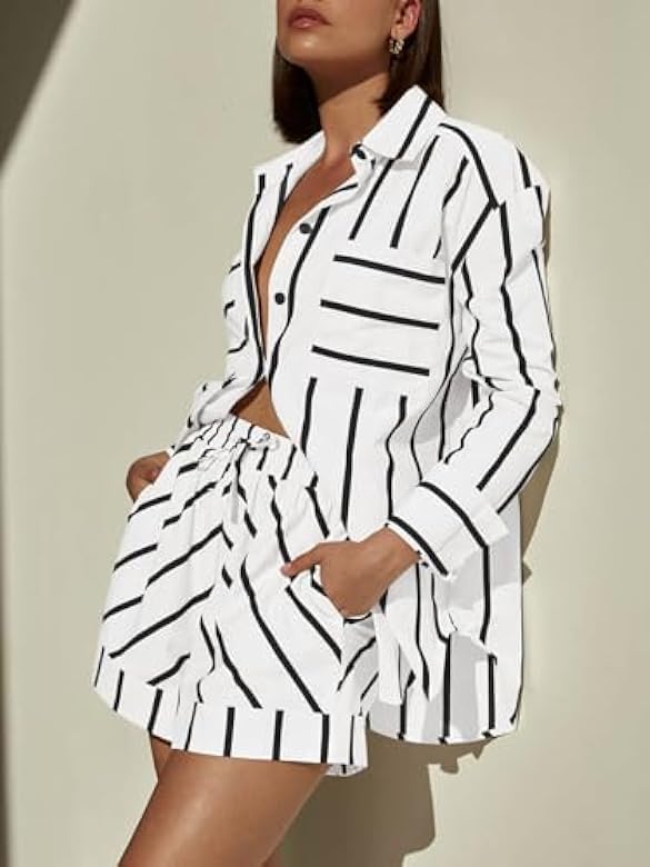 Women's Striped 2 Piece Outfits Casual Button Down Shirts and Shorts Drawstring Pajamas Lounge Matching Sets - Image 3