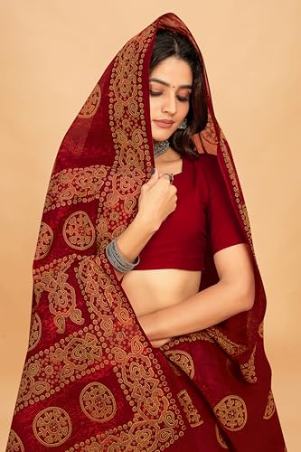 Tamaira Fashion Women's Batik Printed Pure Cotton Mulmul Saree Without Blouse Piece(11534_Maroon)