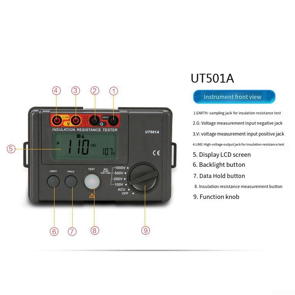 Probador de resistencia de aislamiento UT501A Medidor de resistencia de aislamiento digital Megohmmeter 100V-1000V Voltaje de salida Pantalla LCD Descarga automática Equipo de prueba