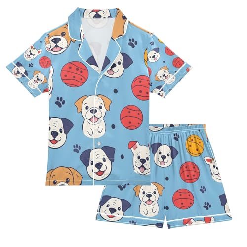 senya Dog Play Ball Satin Summer Pajama Sets Silk Short Sleeve Button Down Sleepwear
