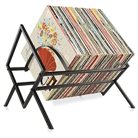 MOVNO Vinyl Record Storage Organizer, Record Player Holder Stand to Display 80-100 LPs, Albums, Books, Magazines (Metal Black) Cover
