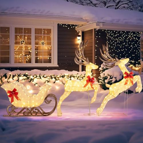 GYMAX LED Rentier mit Schlitten, 3-teiliges beleuchtete...