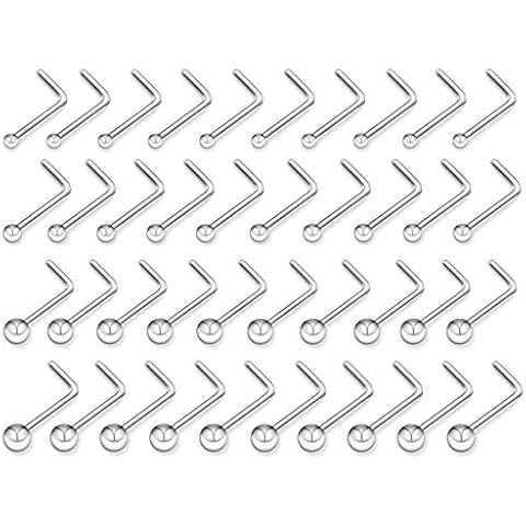 PiercingJ 40PCS 20G Stainless Steel Nose Stud Set Nose Rings L Shape 1.5mm 2mm 2.5mm 3mm Round Ball Bead Nose Retainer Body Piercing Jewelry for Women Cover