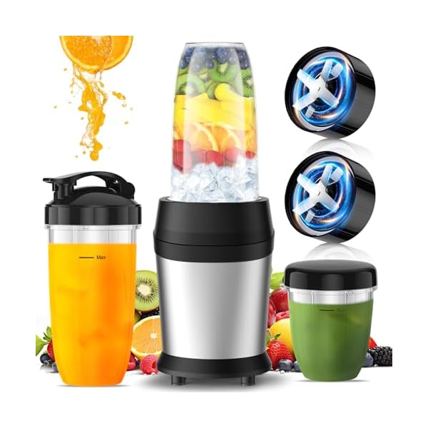 1200W Smoothie Blender, Personal Blender for Shakes and Smoothies, Portable Blender and Coffee Grinder for Kitchen, Countertop Blenders Smoothie Maker with 3 Non-BPA To-Go Cups, Silver