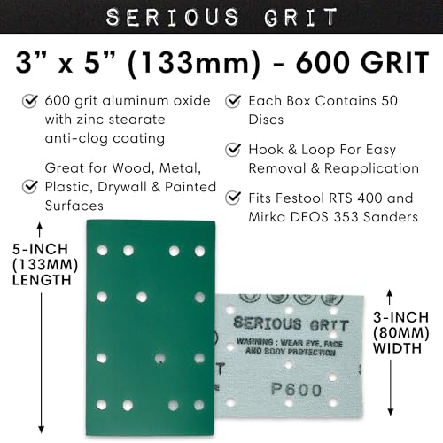 Image of Serious Grit - 3 inch x 5 inch (80x133mm) 14-Hole P600 Grit Sandpaper - 50 Pack Box | Fits Festool RTS 400 & Mirka DEOS 353 - Heavy-Duty Hook & Loop Wet /Dry Film Sanding Sheets for Doors, Cabinetry, Paint, etc