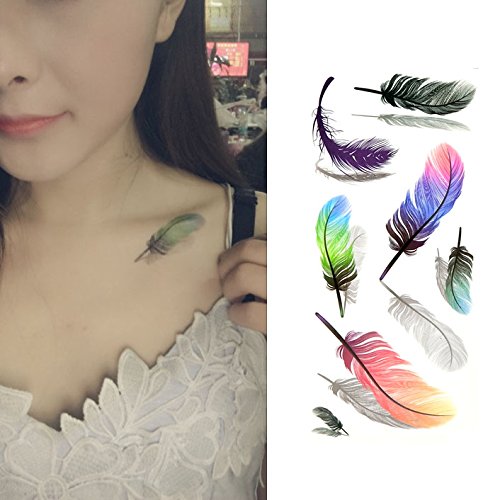 Oottati 3D Assorted - Colorful Fluttering Feather Reflection Temporary Tattoo