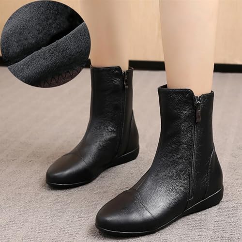 Women's Leather Side Zip Flat Ankle Boots Fashion Comfortable Slip-on Fur Lined Warm Chelsea Booties Winter Low Heel Mid Calf Flat Boots4