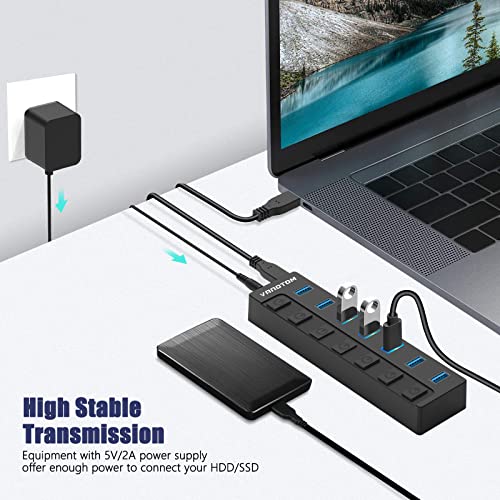 Powered-USB-Hub-VANOTOM-7-Port-Charging-USB-3132-Gen-2-Hub-Superspeed-USB-Splitter-up-to-10Gbps-with-Power-Adapter-and-Individual-OnOff-Switches-for-PC-and-Laptop