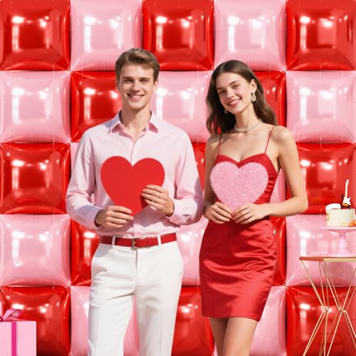 NISOCY 25PCS Red and Pearl Pink Square Foil Balloons Wall Backdrop Double Sided Red Pink Balloon Arch Kit for Birthday Bachelorette Anniversary Engagement ​​Valentine's Day Strawberry Party Decoration by NISOCY - Used condition - Image 5