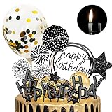 MOVINPE Black Cake Topper Decoration with Happy Birthday Candles Happy Birthday Banner Paper Fans Confetti Balloon Paper Fans Glitter Star Cupcake Topper For Black Theme Party Decor Birthday Party