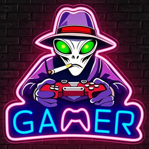 Image of Gamer Neon Sign, Gaming LED Neon Signs with UV Printed Alien for Gamer Room Decor, LED Lights for Boys Bedroom, Gaming Wall decor, Gamer Gifts for Teen Boys, Men (Alien Game)