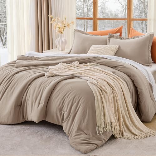Image of MUXHOMO King Size Comforter Set, All Season Ultra Soft Down Alternative Bedding - 3 Piece Lightweight Bed Set Includes 1 Comforter (104 inchx90 inch) and 2 Pillow Shams (20 inchx36 inch), Dark Linen