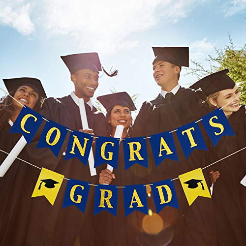 Image of Congrats Grad Banner Blue and Gold Glitter Congratulations Graduation Banner, Congrats Grad Sign Decorations for Congratulations College 2026 Graduation Party Decorations Blue and Gold