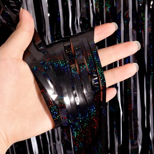 Image of Black Fringe Curtain Party Streamers 2Pack 3.3x8.3 Ft Foil Fringe Backdrop Curtains for Birthday Wedding Bridal Baby Shower Holiday Tinsel Streamers Black Party Decorations Door Streamer