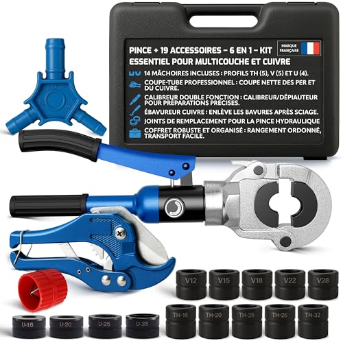 Kit complet Pince à Sertir Multicouche & cuivre 6‑en‑1 – 14 Mâchoires TH/V/U + Coupe‑Tube, Calibreur & Ébavureur – Sertisseuse Plomberie PER/Cuivre avec...