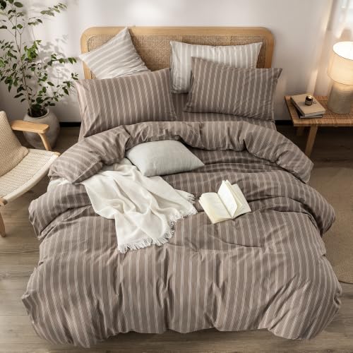 Image of BESTOUCH Striped Cotton Duvet Cover Set Linen Feel Twin | 100% Washed Cotton, Soft Wrinkle Texture, Hidden Zipper, 8 Ties, Breathable Lightweight Durable Comfy, 2 Pcs No Insert