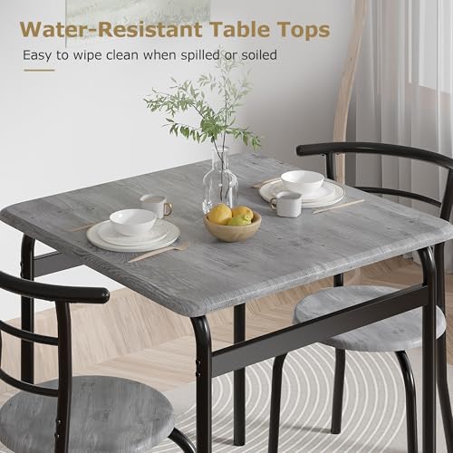 Image of VECELO 3-Piece Dining Table Set for Kitchen Breakfast Nook, Wood Grain Square Tabletop and Metal Frame, for Small Spaces, Grey