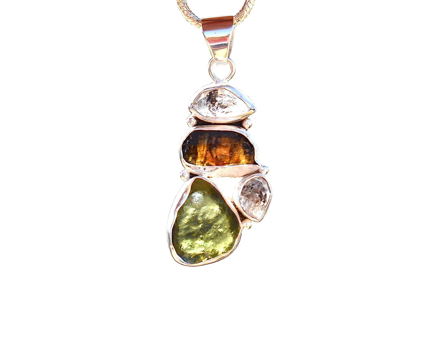 Maruti Creations Moldavite Pendant Czech Republic AAA+ Natural Moldavite Rough Unique Gemstone Handmade Pendants 925 Solid Sterling Silver Healing Pendant | Silver Pendant for women (Design-2, Without Chain)